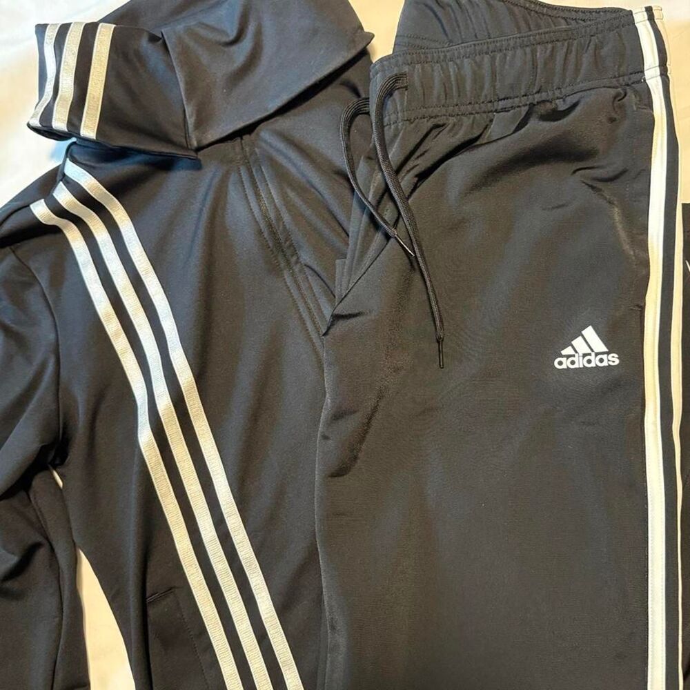Adidas 3 Stripe Track Suit Set Jacket (M) Pants (L) Black White Large